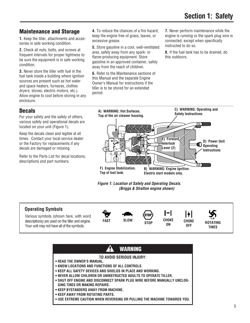 Decals, Maintenance and storage, Warning | Troy-Bilt E682L-Horse User Manual | Page 5 / 64