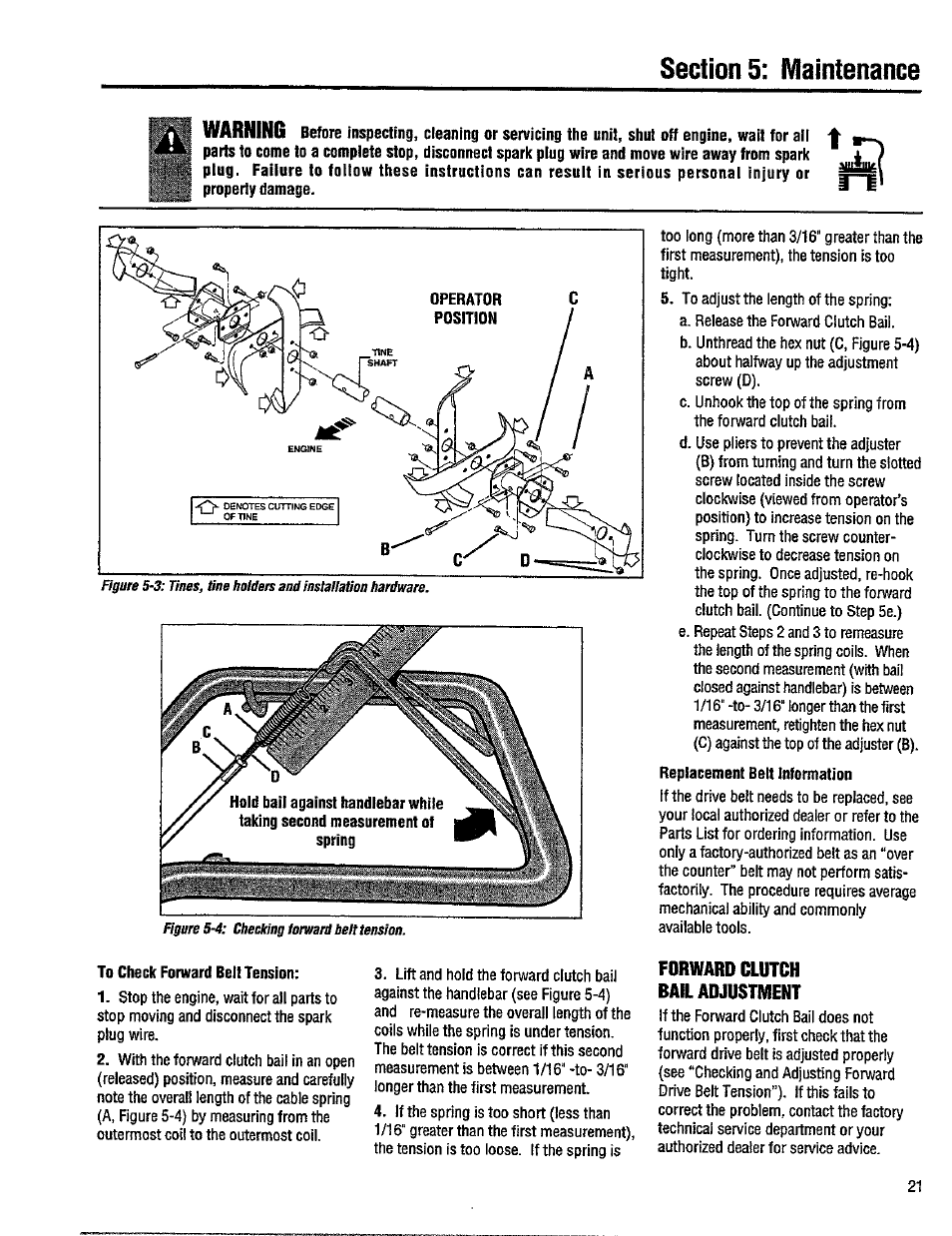 To check forward belt tension, Replacement belt information, Forward clutch bail adjustment | Troy-Bilt 12214-5.5HP User Manual | Page 21 / 36
