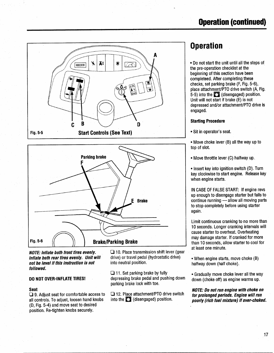 Operation, Do not over-inflate tires, Seat | Starting procedure, Ihietation (continued) | Troy-Bilt 13096 User Manual | Page 17 / 36