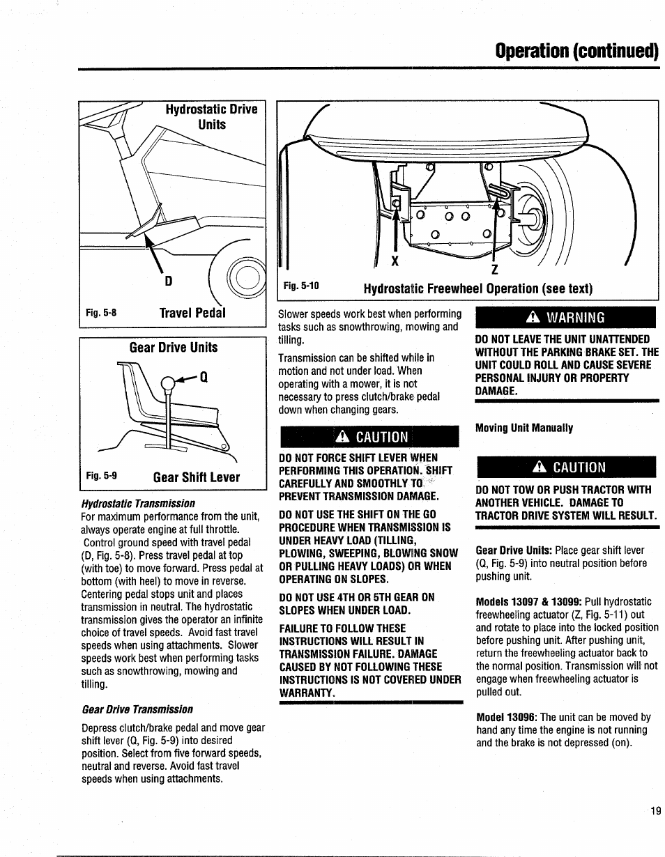 Moving unit manually, Moving tractor manually, Operation (continued) | Troy-Bilt 13096 User Manual | Page 19 / 36