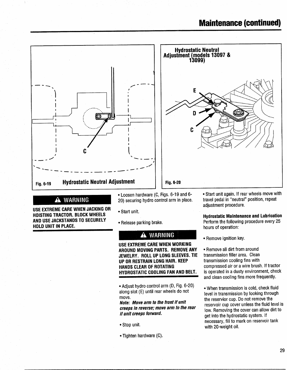 Hydrostatic neutral ■ modei )099), Adjustment (models 13097 & 13r, A warning | Hydrostatic maintenance and lubrication, Maintenance (continued) | Troy-Bilt 13096 User Manual | Page 29 / 36