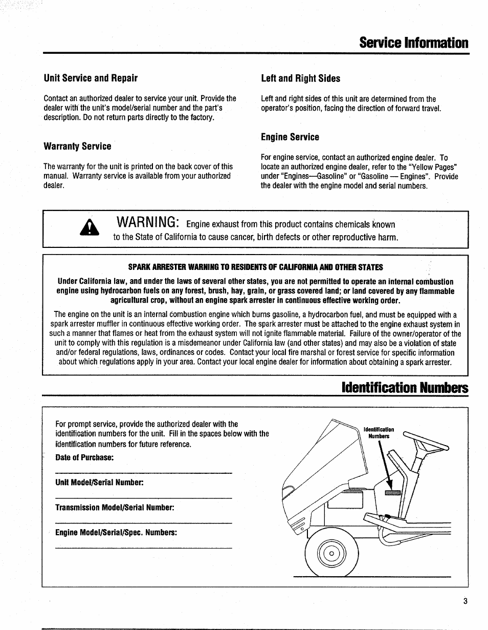 Unit service and repair, Warranty service, Left and right sides | Engine service, Identification numbers, Warranty service engine service, Service informahon, A warning | Troy-Bilt 13096 User Manual | Page 3 / 36