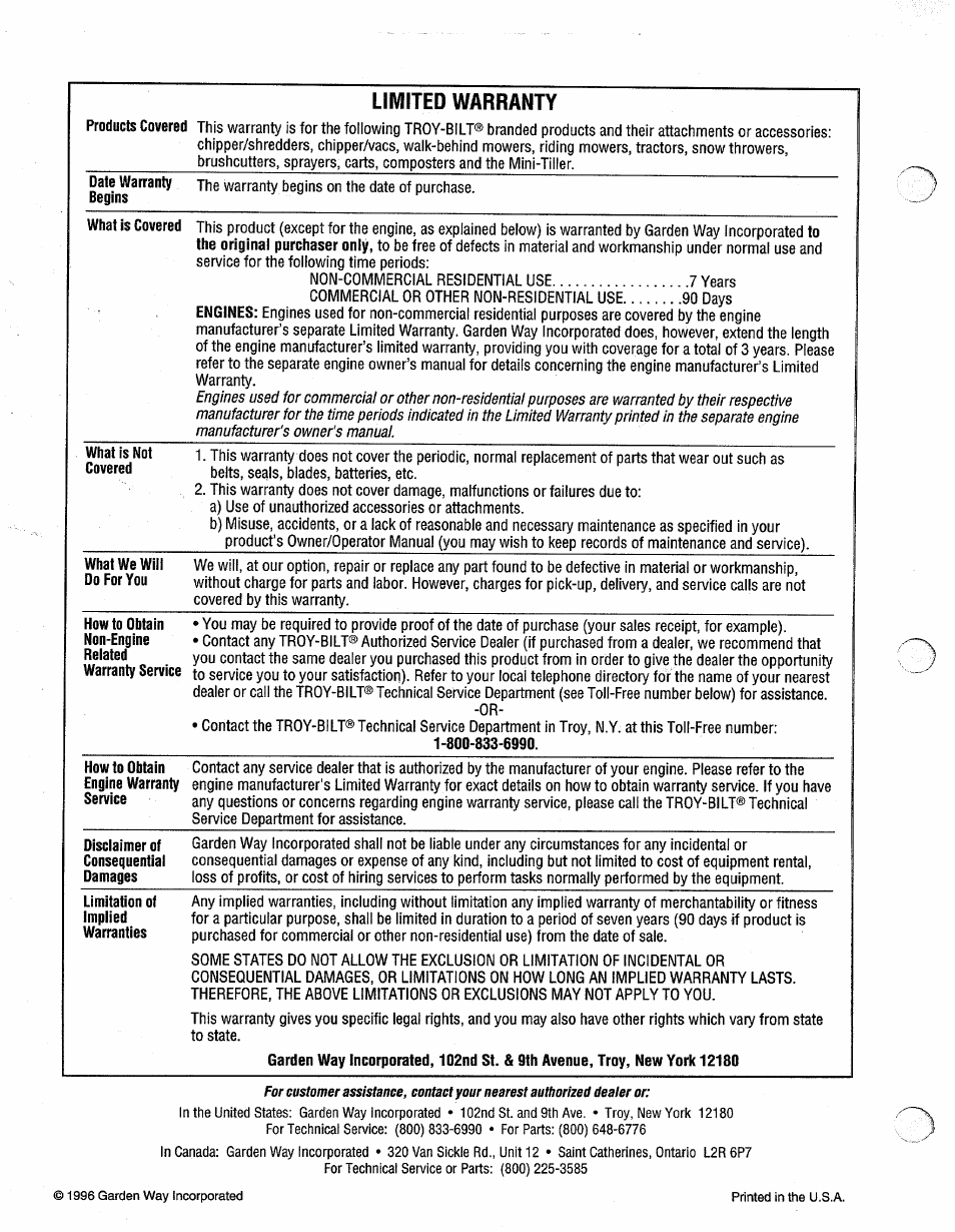 Limited warranty | Troy-Bilt 13096 User Manual | Page 36 / 36