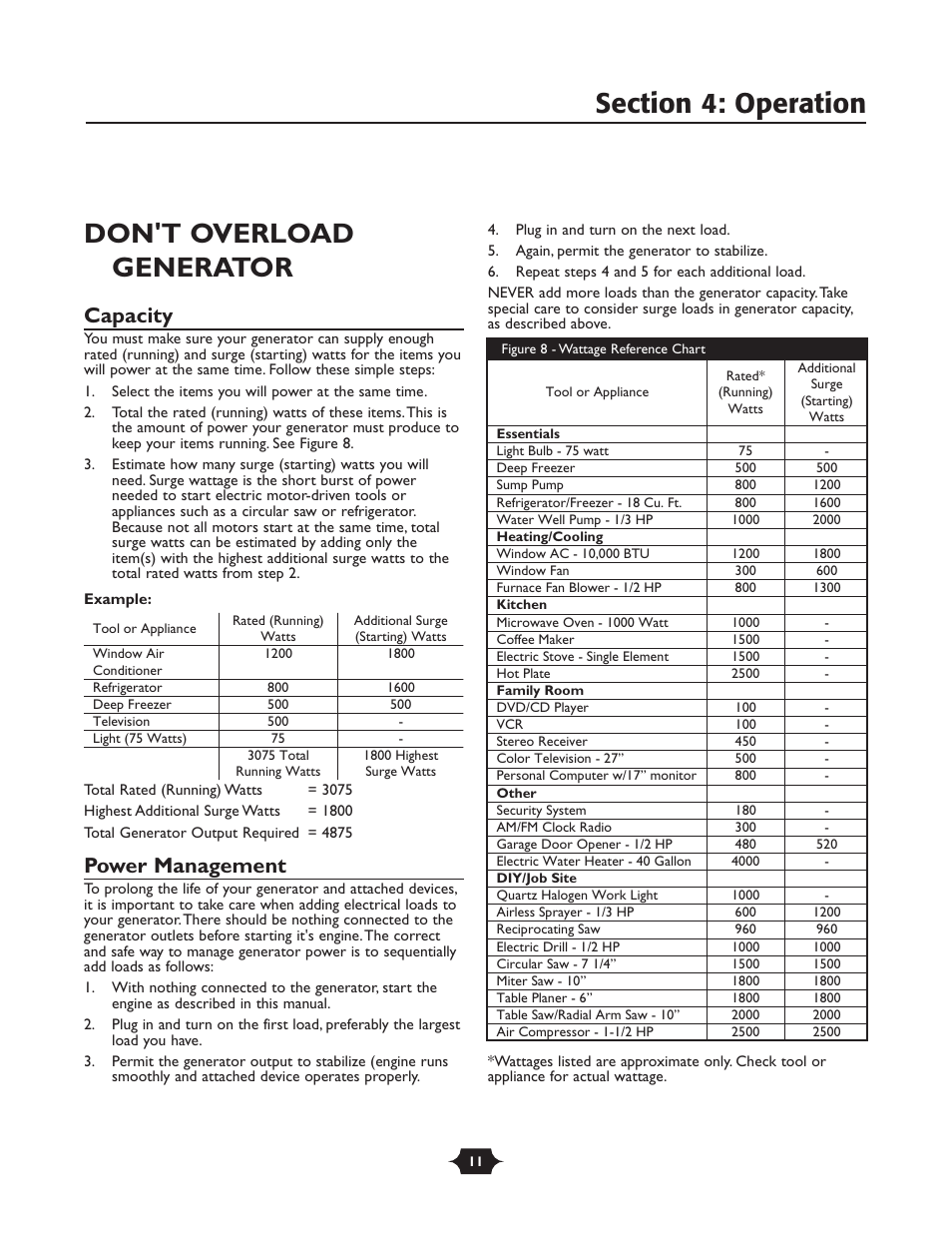 Don't overload generator, Capacity, Power management | Troy-Bilt 030245 User Manual | Page 11 / 28