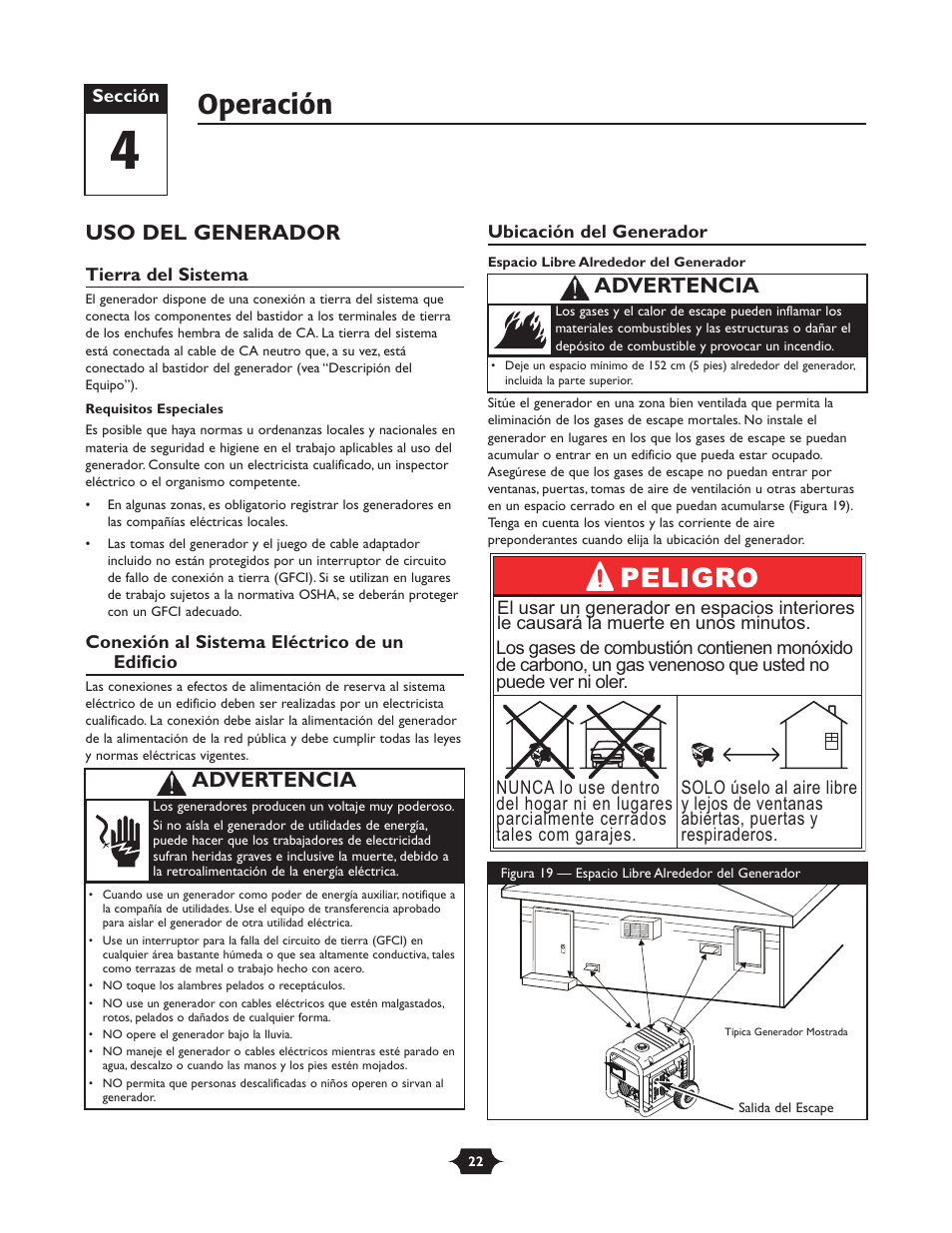 Operación, Uso del generador, Advertencia | Troy-Bilt 030245 User Manual | Page 22 / 28
