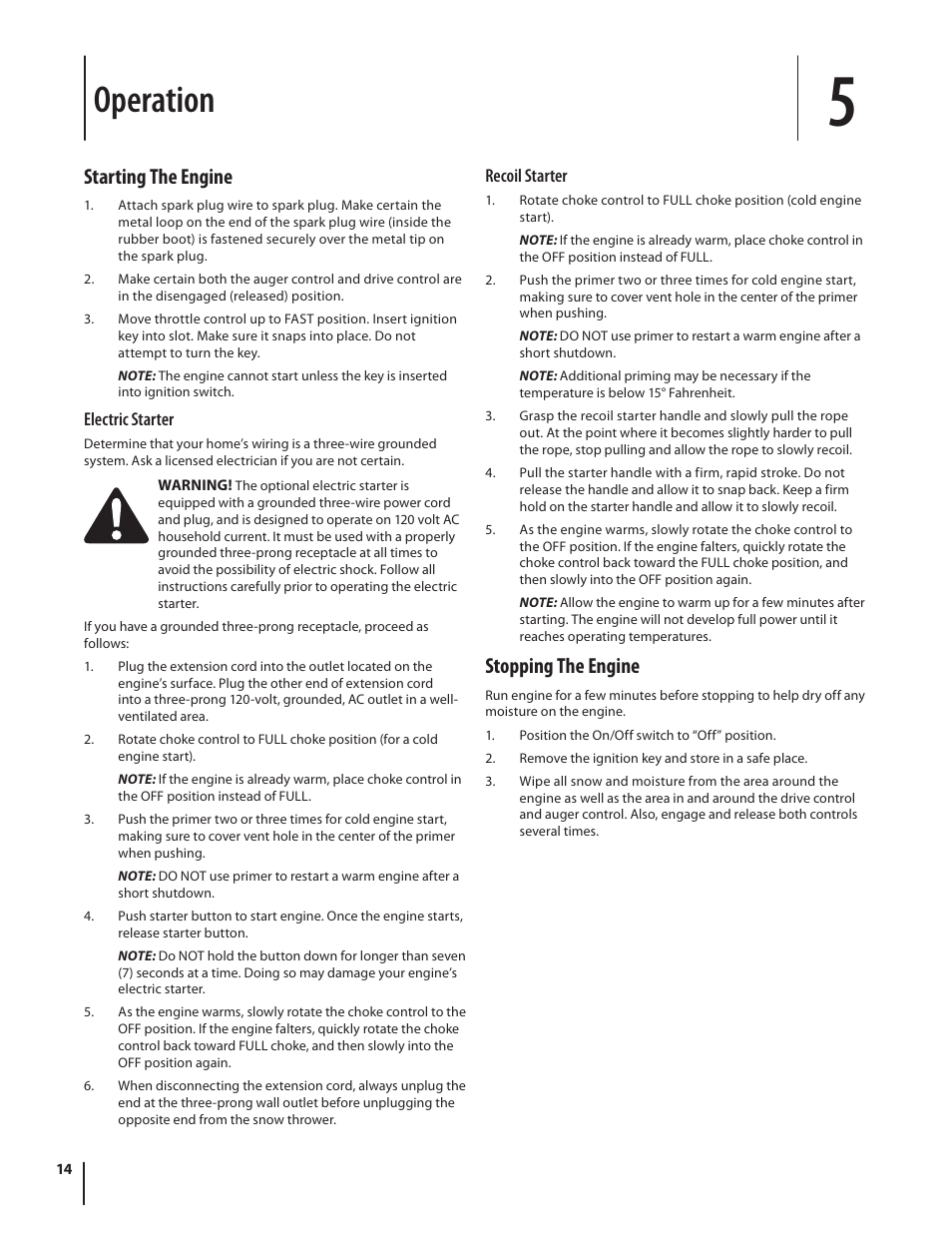 Operation, Starting the engine, Stopping the engine | Troy-Bilt 4510 User Manual | Page 14 / 28