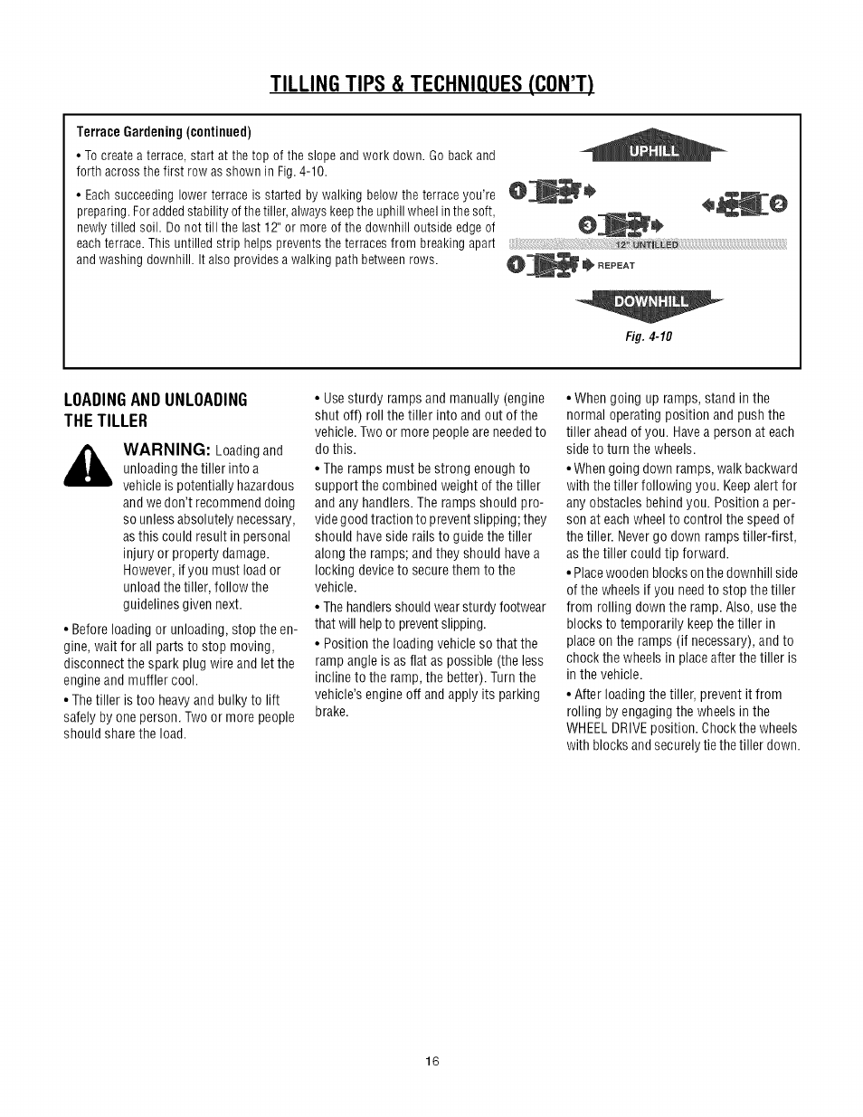 Loading and unloading the tiller, Tilling tips & techniques (cont), Fig. 4-10 loading and unloading the tiller | Troy-Bilt TUFFY 645A User Manual | Page 16 / 32