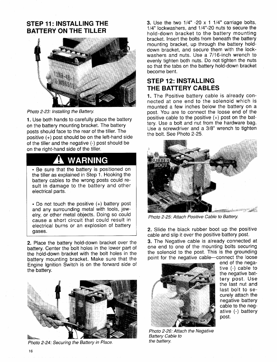 Step 11: installing the battery on the tiller, A warning, Step 12: installing the battery cables | Warning | Troy-Bilt 15009 User Manual | Page 18 / 56