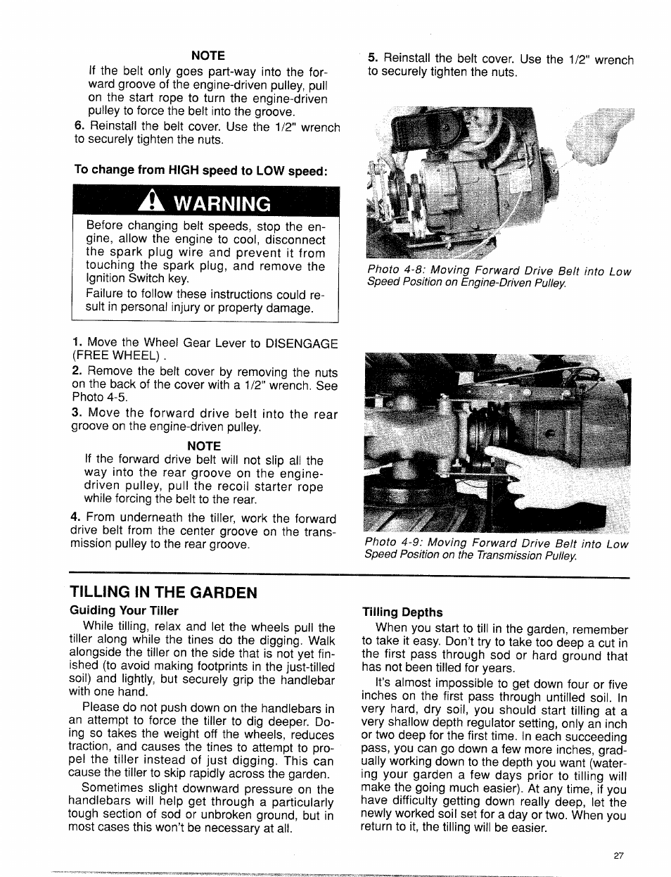 Note, To change from high speed to low speed, A warning | Tilling in the garden, Tilling depths, Warning | Troy-Bilt 15009 User Manual | Page 29 / 56