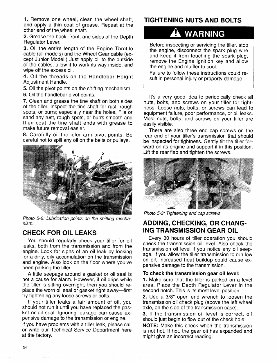 Tightening nuts and bolts, Check for oil leaks, A warning | Warning | Troy-Bilt 15009 User Manual | Page 36 / 56