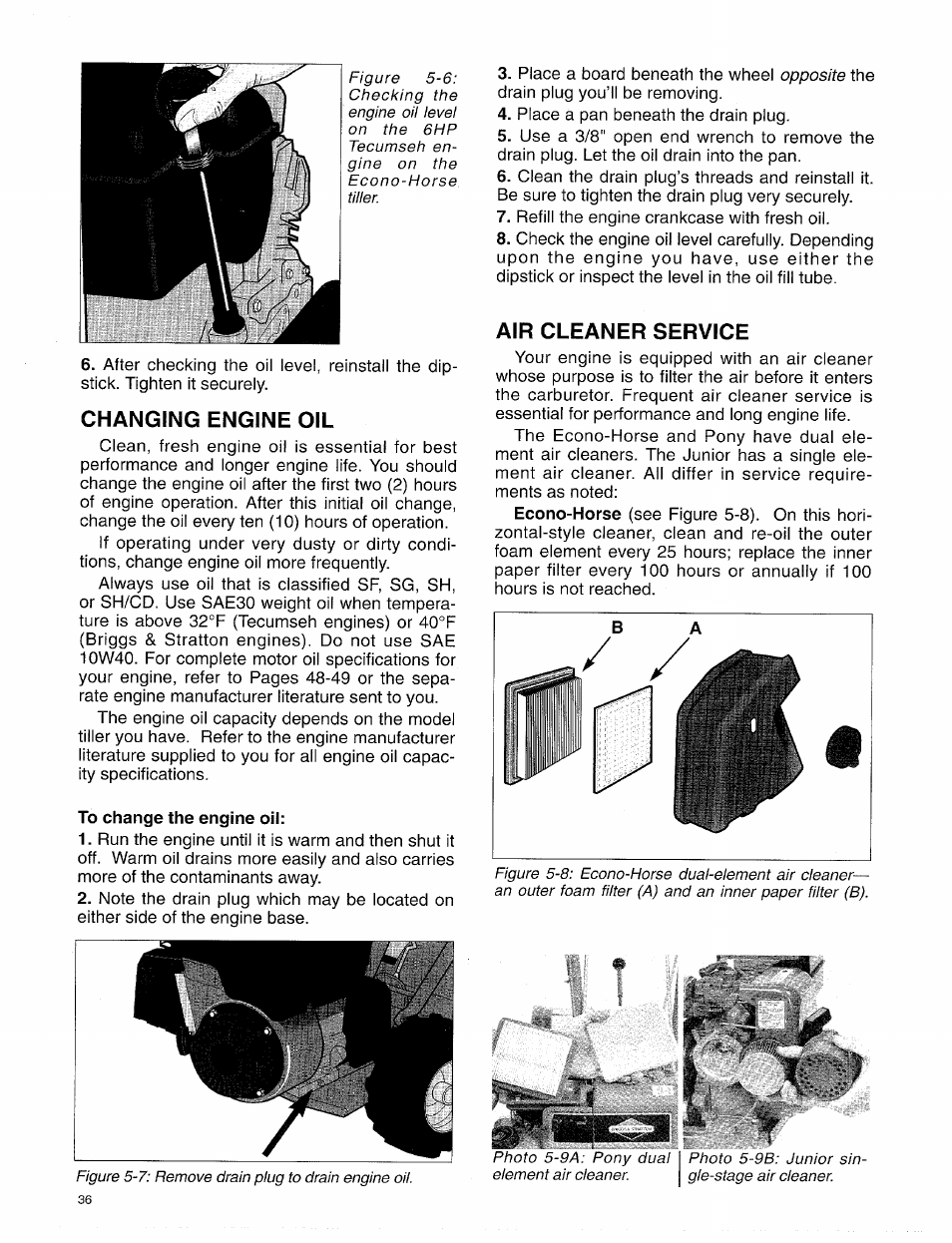 Changing engine oil, To change the engine oil, Air cleaner service | Troy-Bilt 15009 User Manual | Page 38 / 56