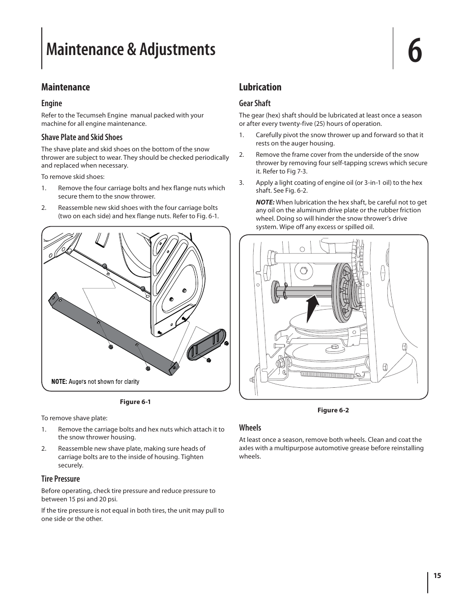Maintenance & adjustments, Maintenance, Lubrication | Troy-Bilt 9528 User Manual | Page 15 / 48