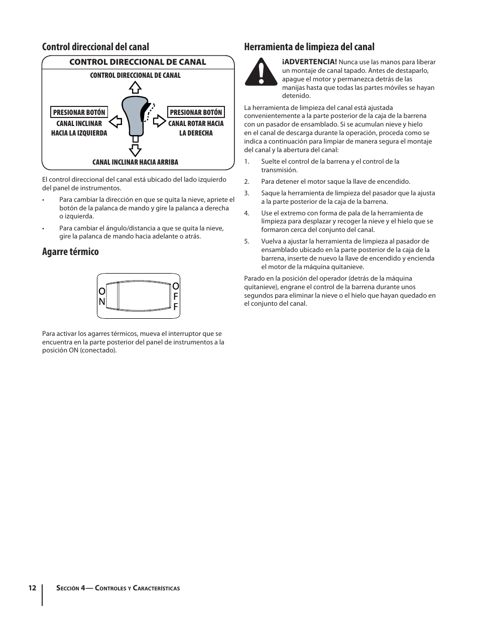 Control direccional del canal, Agarre térmico, Herramienta de limpieza del canal | Troy-Bilt 9528 User Manual | Page 36 / 48