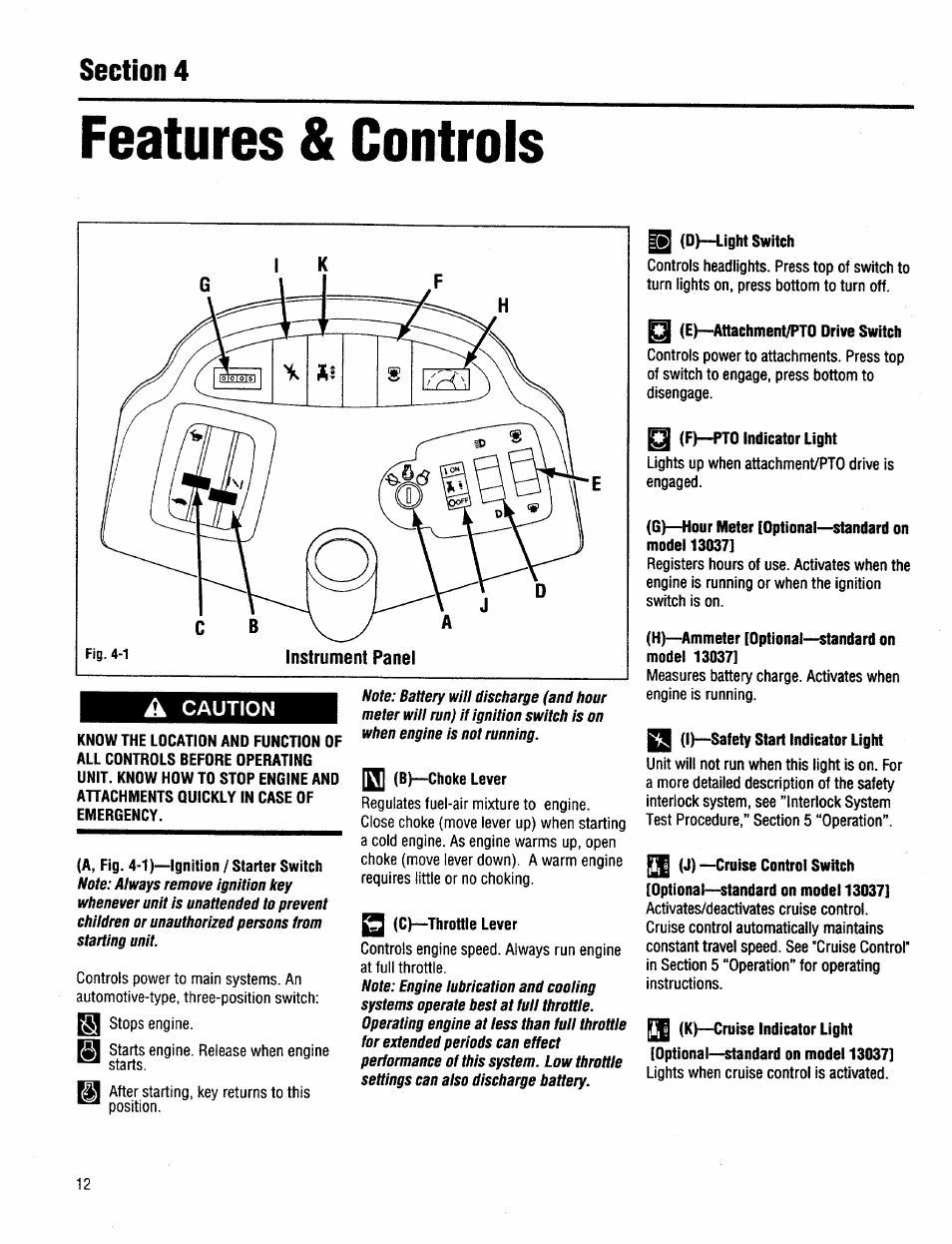 Features & controls, A caution, Pi (b)—choke lever | 2 (c)—throttle lever, 0)—light switch, O (e)—attachment/pto drive switch, F)—pto indicator light, G) —hour meter (optional—standard on model 13037, H) —^ammeter [optional—standard on model 13037, I) —safety start indicator light | Troy-Bilt 13034 User Manual | Page 12 / 36
