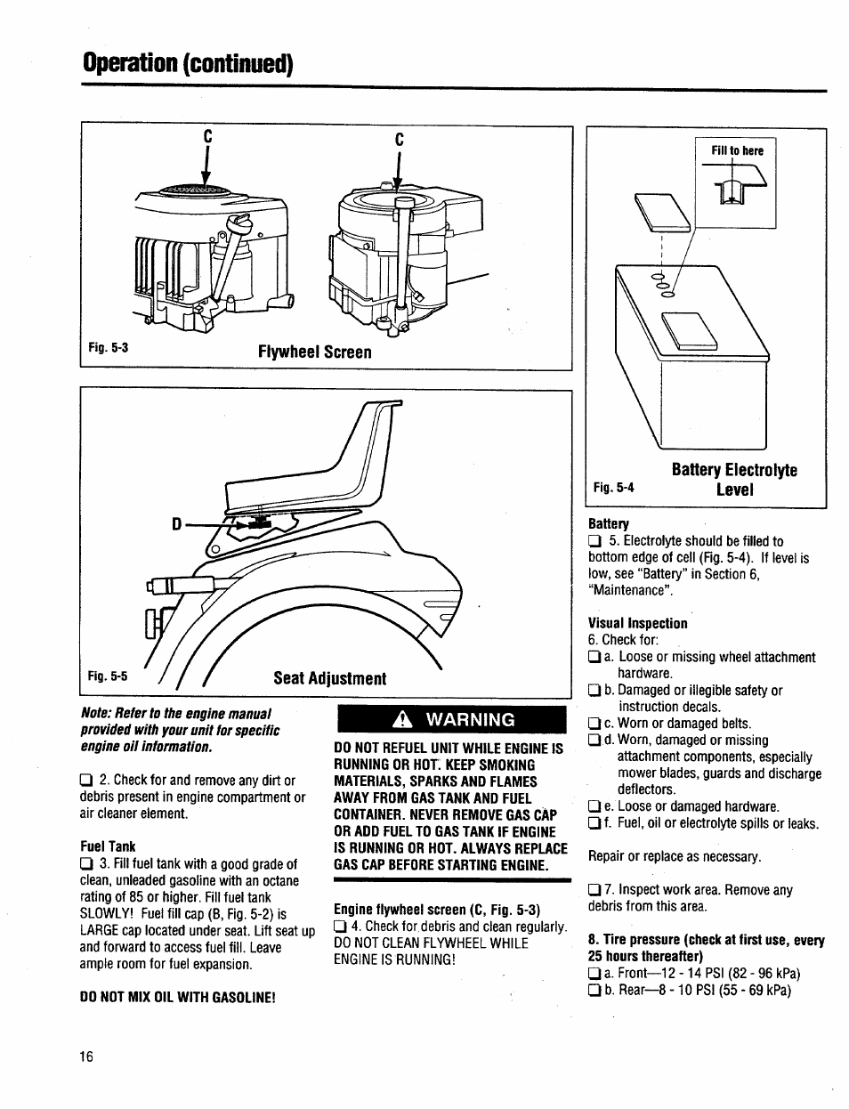 A warning, Battery, Visual inspection | Deration (continued) | Troy-Bilt 13034 User Manual | Page 16 / 36