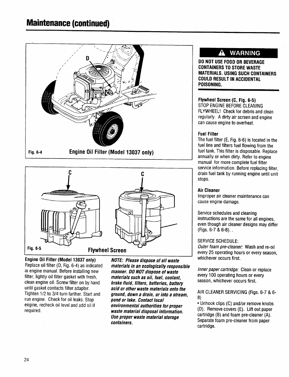 A warning, Maintenance (continued), Warning | Troy-Bilt 13034 User Manual | Page 24 / 36