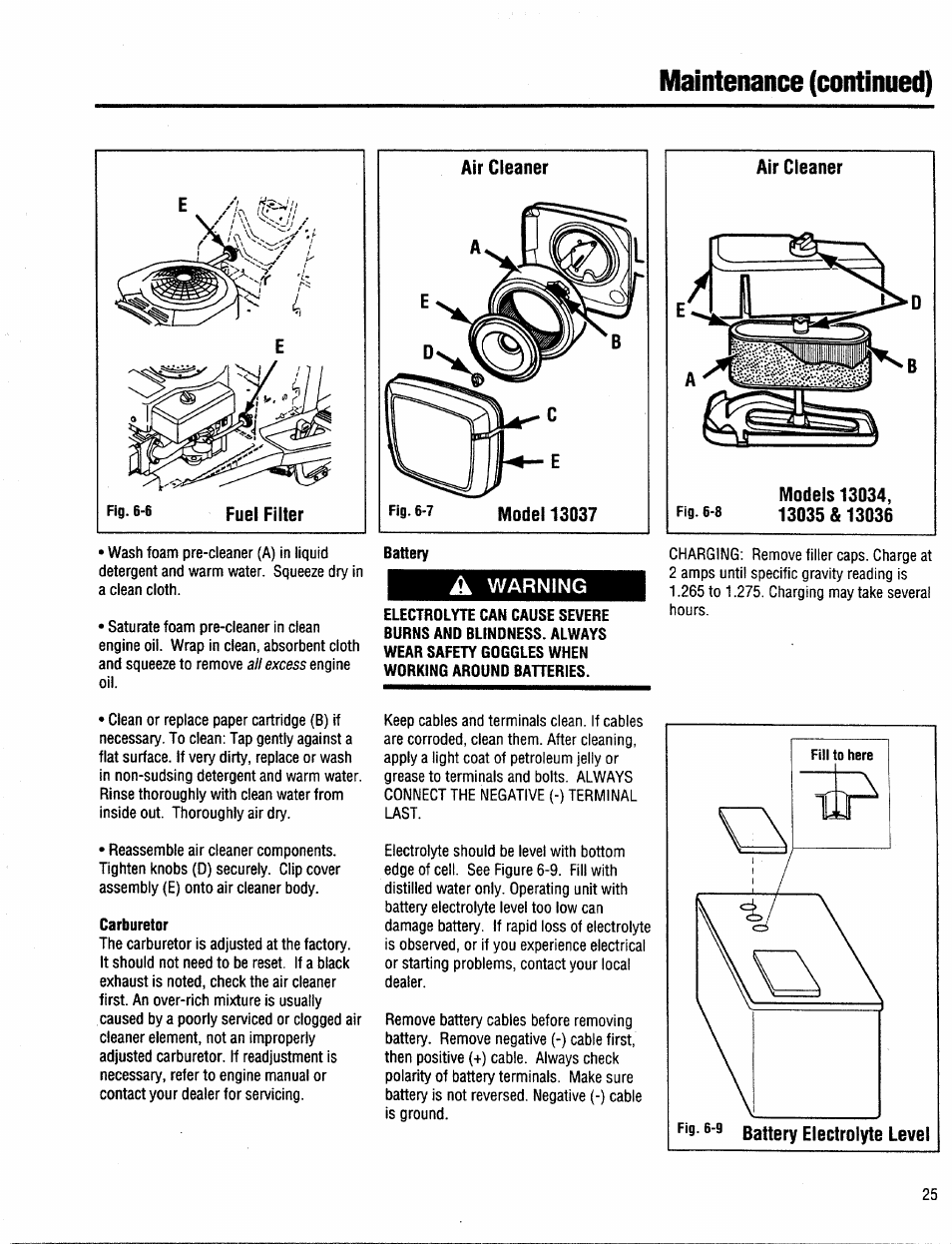 Fuel filter, Air cleaner, Model 13037 | Carburetor, Battery, A warning, Models 13034, fio 6-8 13035 & 13036, Maintenance (continued) | Troy-Bilt 13034 User Manual | Page 25 / 36