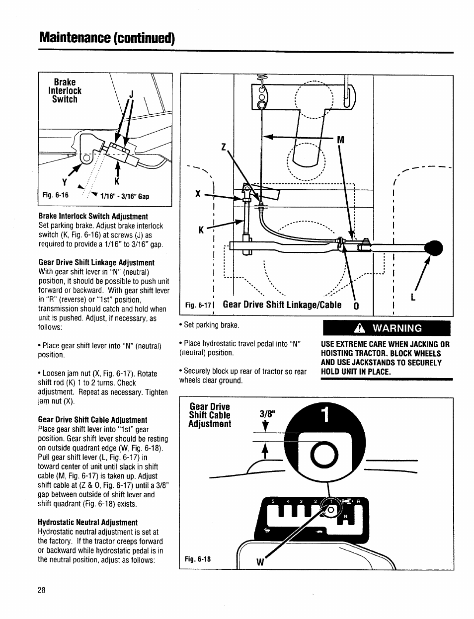 Brake interlock switch adjustment, Gear drive shift linkage adjustment, Gear drive shift cable adjustment | Hydrostatic neutral adjustment, Maintenance (continued) | Troy-Bilt 13034 User Manual | Page 28 / 36