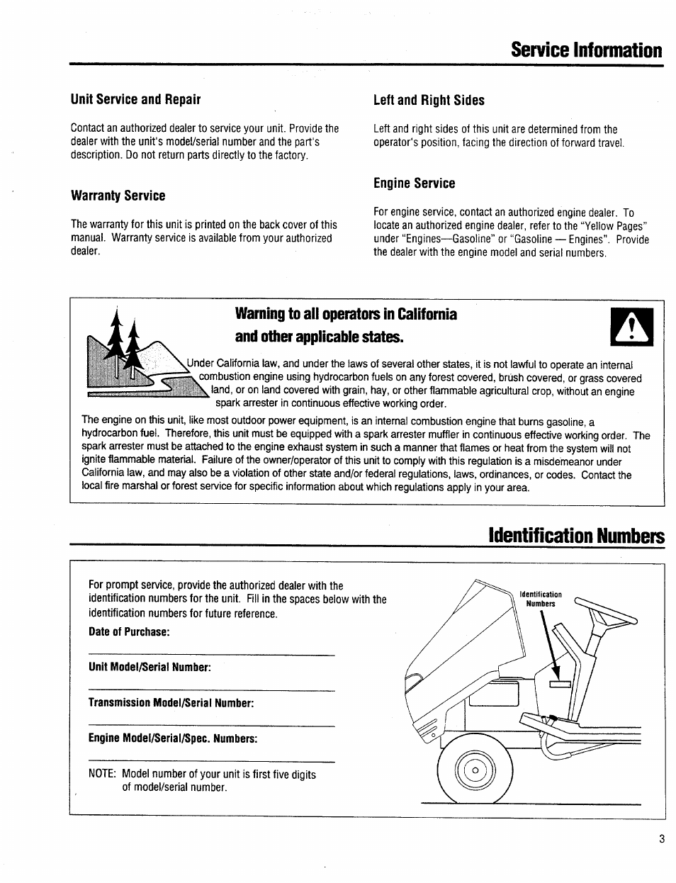 Unit service and repair, Warranty service, Lett and right sides | Engine service, Warranty service engine service, Service information, Identification numbers | Troy-Bilt 13034 User Manual | Page 3 / 36