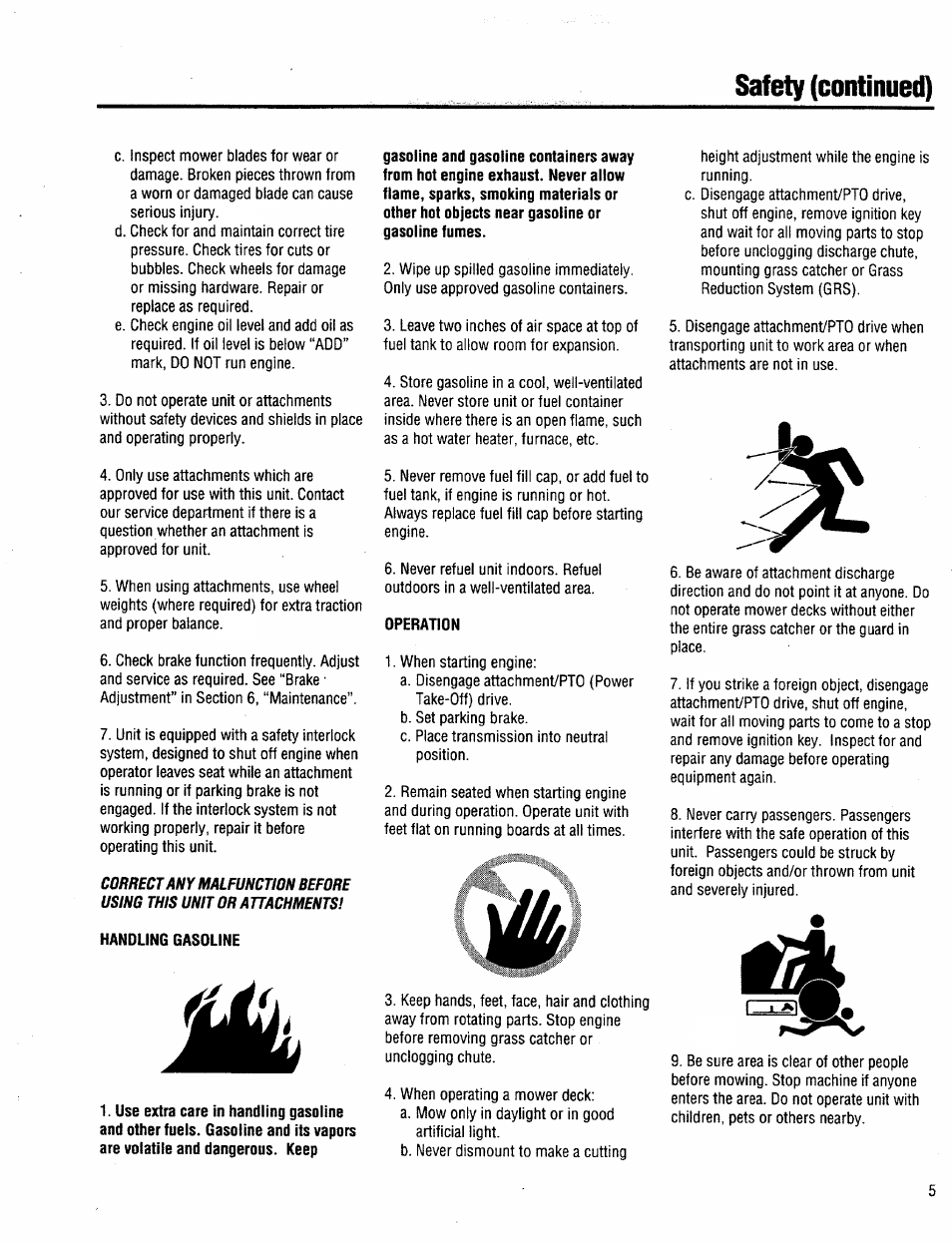 Handling gasoline, Operation, Safety (continued) | Troy-Bilt 13034 User Manual | Page 5 / 36