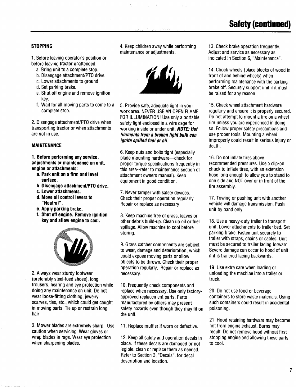 Stopping, Maintenance, Safety (continued) | Troy-Bilt 13034 User Manual | Page 7 / 36