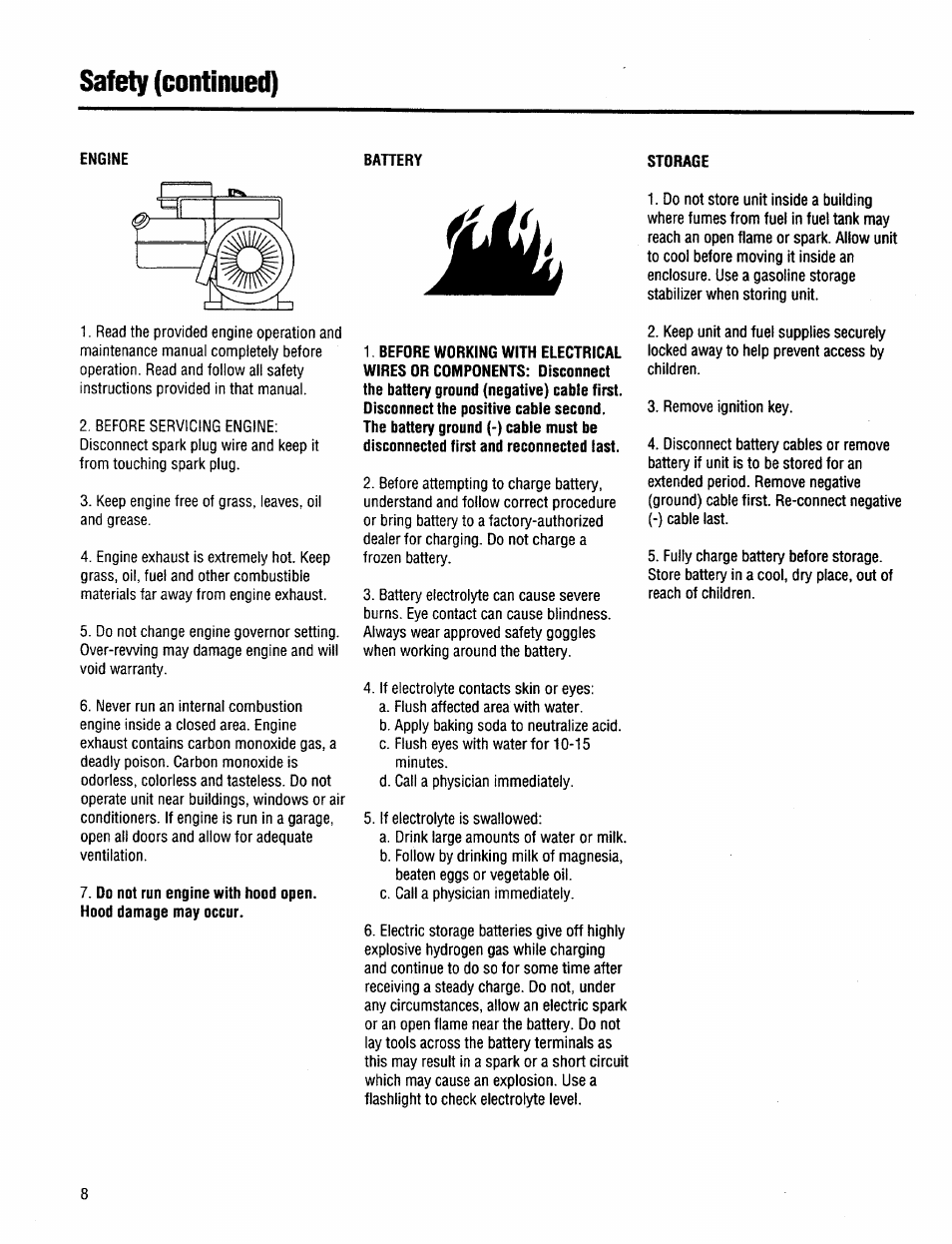 Engine, Storage, Safety (continued) | Troy-Bilt 13034 User Manual | Page 8 / 36