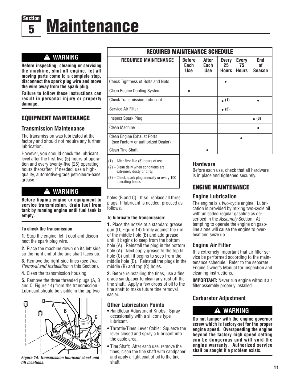 Maintenance, Equipment maintenance, Engine maintenance | Warning | Troy-Bilt 128T User Manual | Page 11 / 20