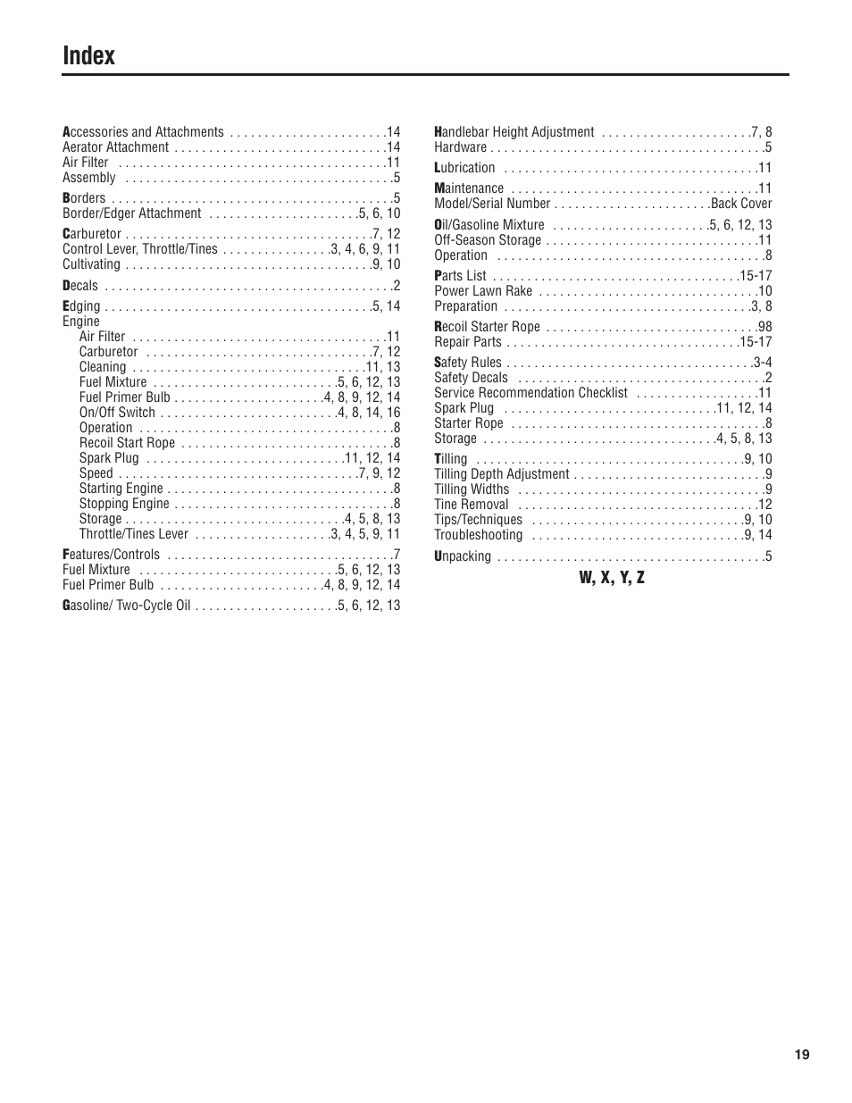 Index | Troy-Bilt 128T User Manual | Page 19 / 20