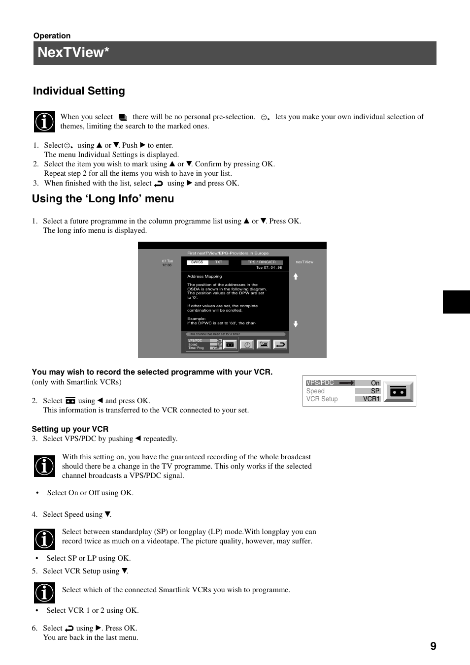 Nextview, 9individual setting, Using the ‘long info’ menu | Sony KV-29FQ65K User Manual | Page 13 / 160