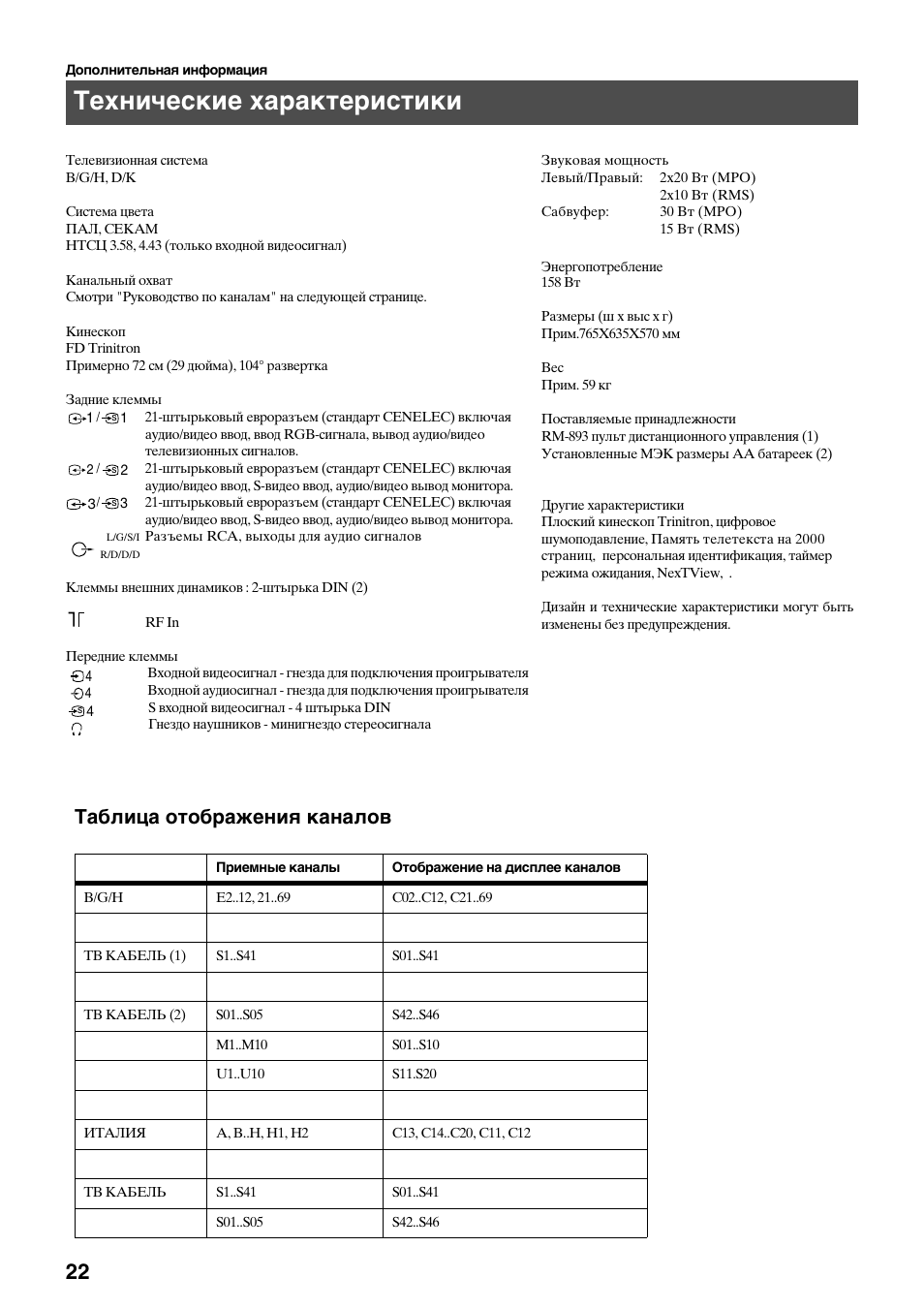 Технические характеристики, Таблица отображения каналов | Sony KV-29FQ65K User Manual | Page 156 / 160