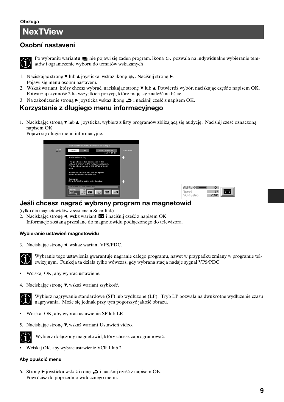 Nextview, Osobní nastavení, Korzystanie z długiego menu informacyjnego | Jeśli chcesz nagrać wybrany program na magnetowid | Sony KV-29FQ65K User Manual | Page 39 / 160