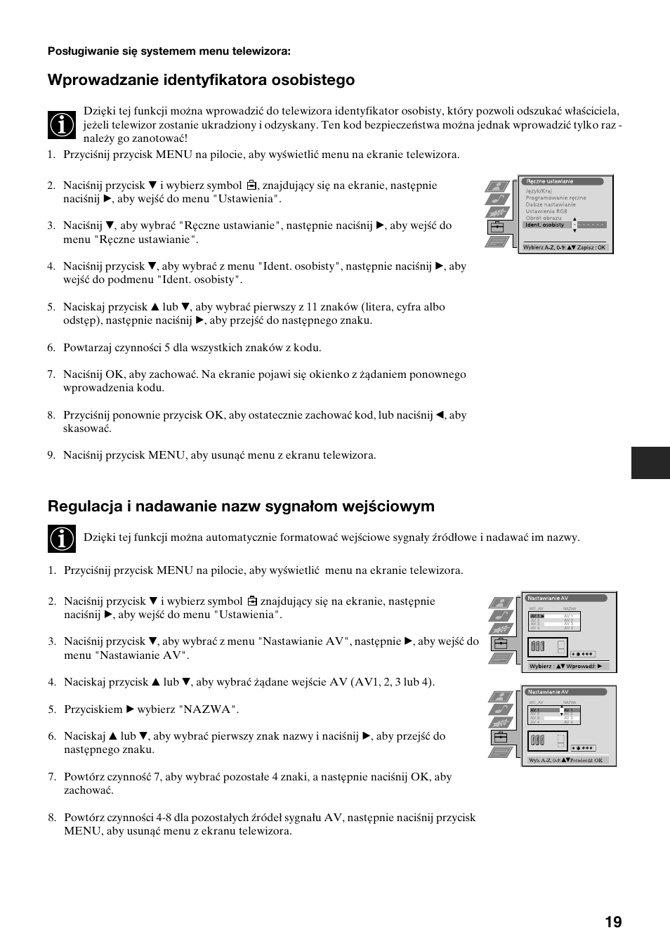 Wprowadzanie identyfikatora osobistego, Regulacja i nadawanie nazw sygnałom wejściowym | Sony KV-29FQ65K User Manual | Page 49 / 160