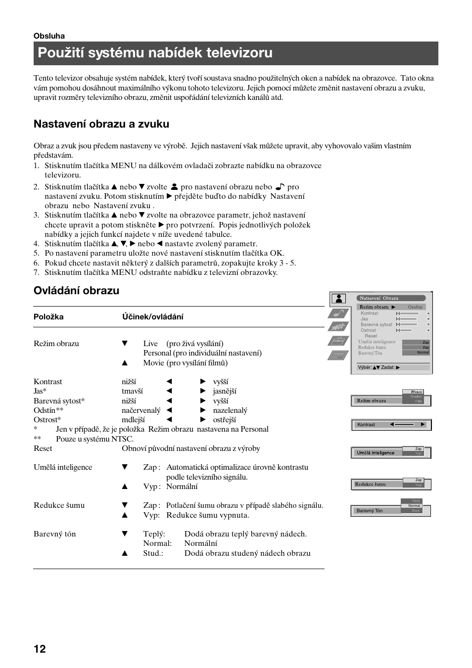 Použití systému nabídek televizoru, Nastavení obrazu a zvuku, Ovládání obrazu | Sony KV-29FQ65K User Manual | Page 68 / 160