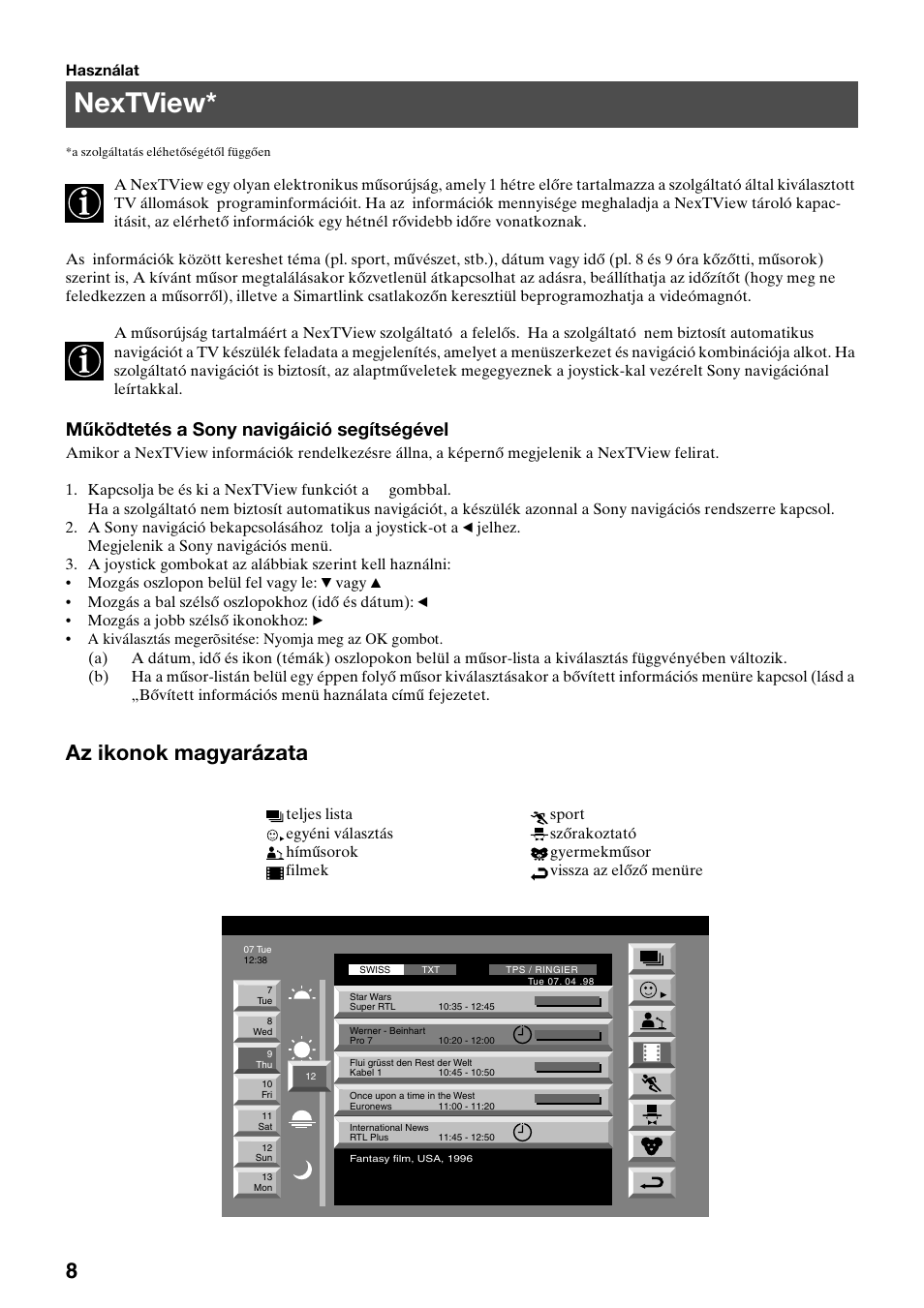 Nextview, Az ikonok magyarázata, Működtetés a sony navigáició segítségével | Sony KV-29FQ65K User Manual | Page 90 / 160