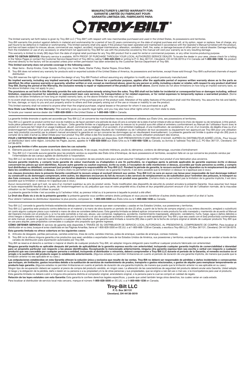 Troy-bilt llc | Troy-Bilt TB2BP User Manual | Page 16 / 16