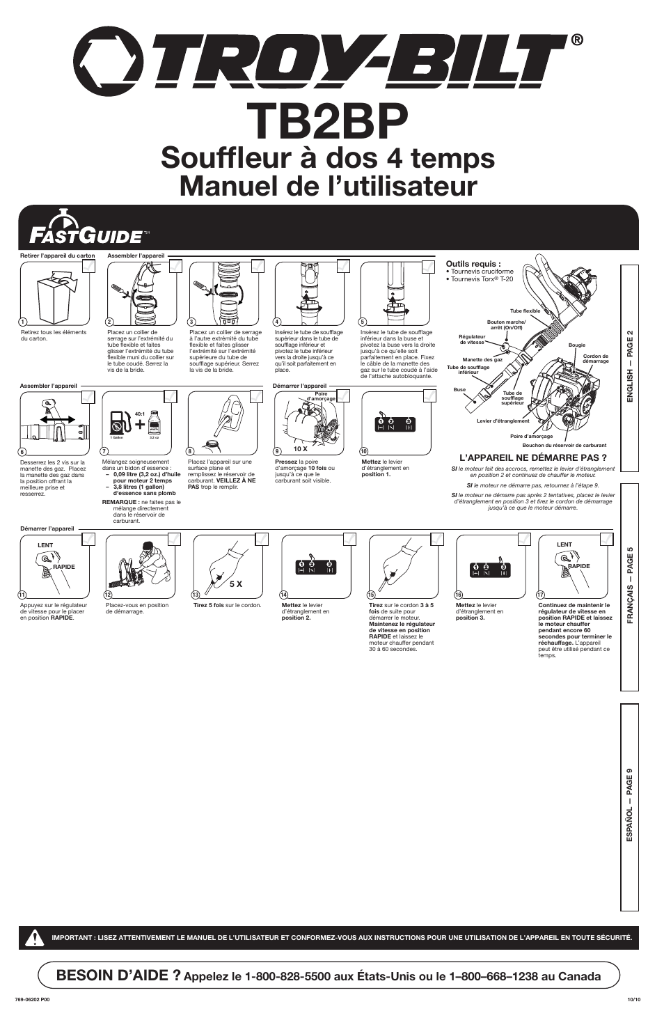 Tb2bp, Souffl eur à dos, 4 temps manuel de l’utilisateur | Besoin d’aide | Troy-Bilt TB2BP User Manual | Page 5 / 16