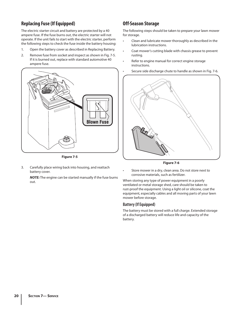 Off-season storage, Replacing fuse (if equipped), Battery (if equipped) | Troy-Bilt TB260 User Manual | Page 20 / 52