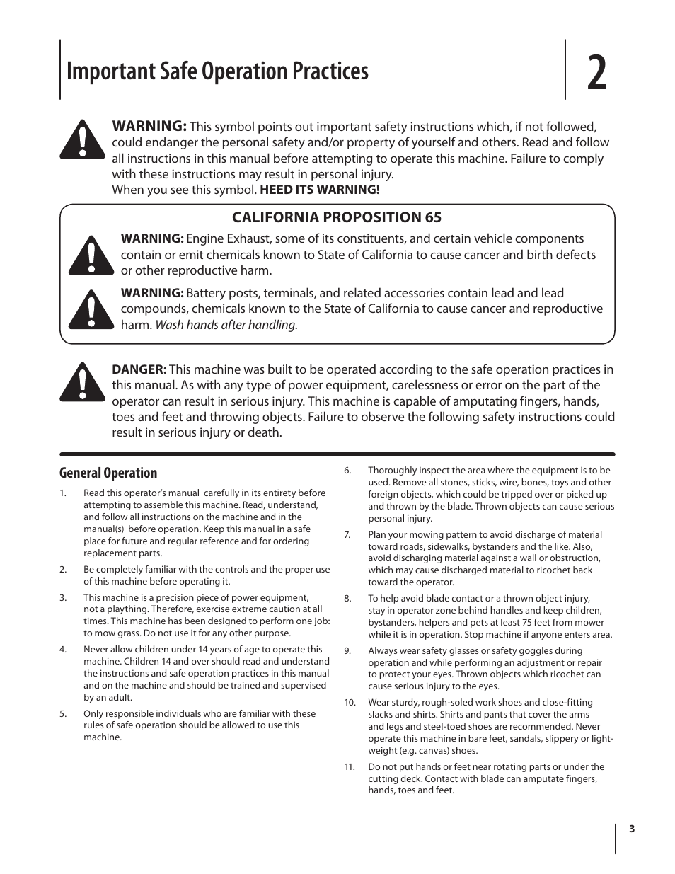 Important safe operation practices, General operation, Warning | California proposition 65 | Troy-Bilt TB260 User Manual | Page 3 / 52