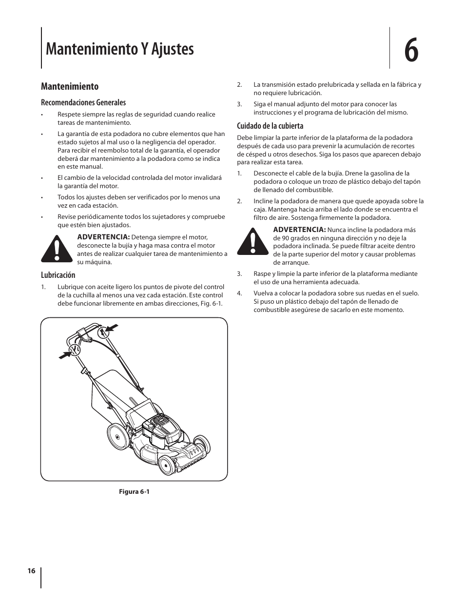 Mantenimiento y ajustes, Mantenimiento | Troy-Bilt TB260 User Manual | Page 42 / 52