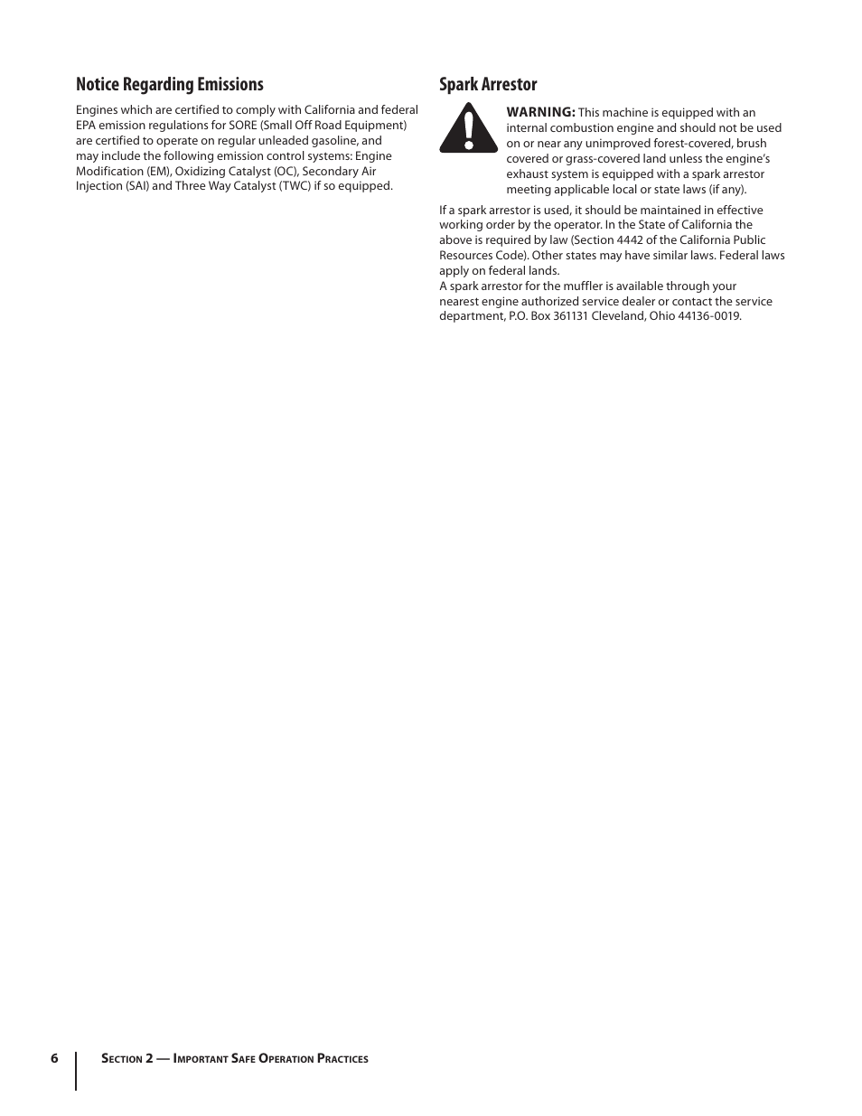 Notice regarding emissions, Spark arrestor | Troy-Bilt TB260 User Manual | Page 6 / 52