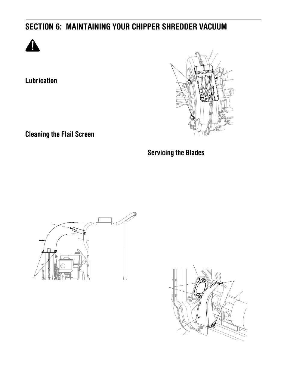 Lubrication, Cleaning the flail screen, Servicing the blades | Troy-Bilt CSV206 User Manual | Page 10 / 14