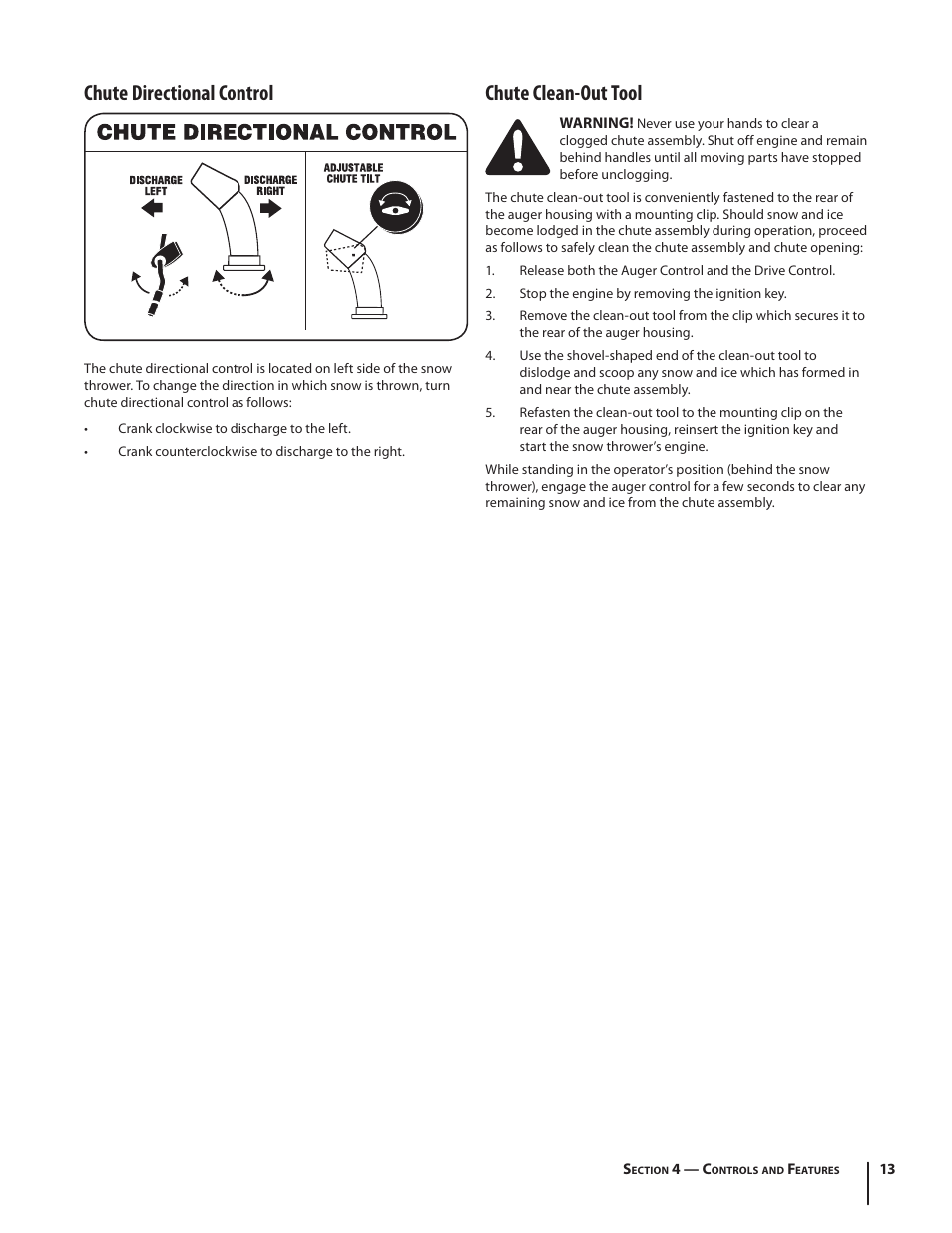 Chute directional control, Chute clean-out tool | Troy-Bilt Storm 2410 User Manual | Page 13 / 60