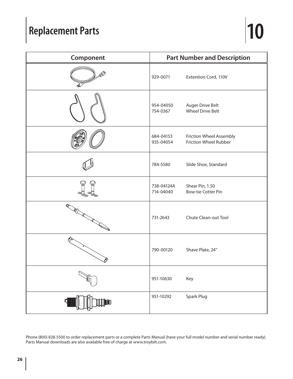 Replacement parts | Troy-Bilt Storm 2410 User Manual | Page 26 / 60