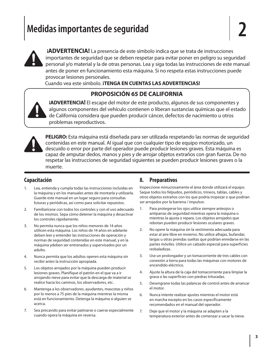 Medidas importantes de seguridad, Capacitación, Preparativos 8 | Advertencia, Proposición 65 de california | Troy-Bilt Storm 2410 User Manual | Page 33 / 60