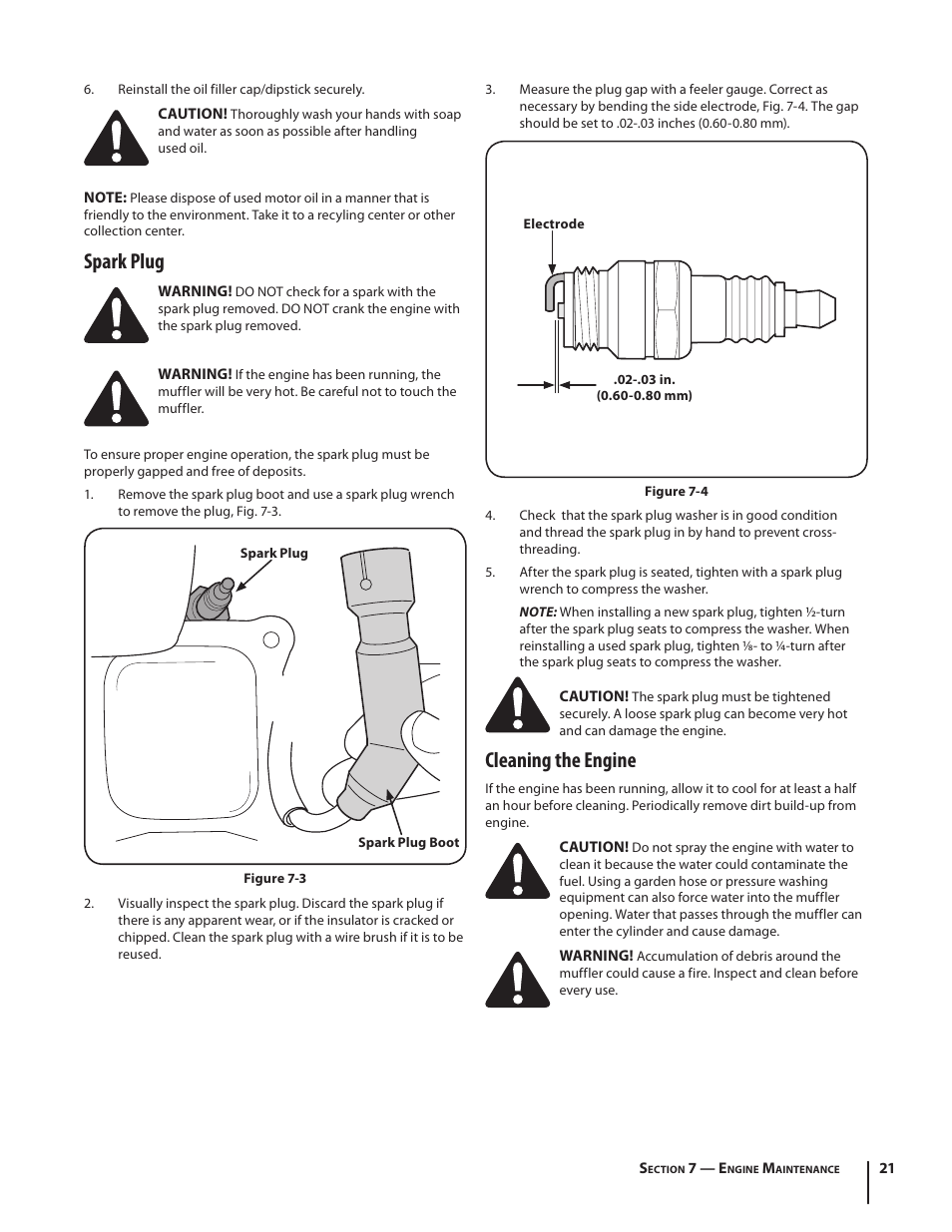 Spark plug, Cleaning the engine | Troy-Bilt 2690 User Manual | Page 21 / 32