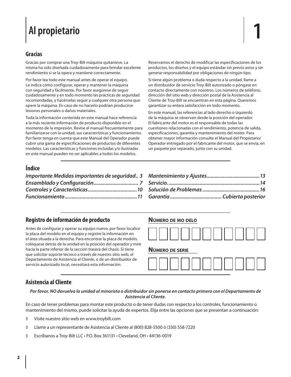 Al propietario, Índice asistencia al cliente, Gracias registro de información de producto | Troy-Bilt Electric Snow Thrower Flurry 1400 User Manual | Page 22 / 40