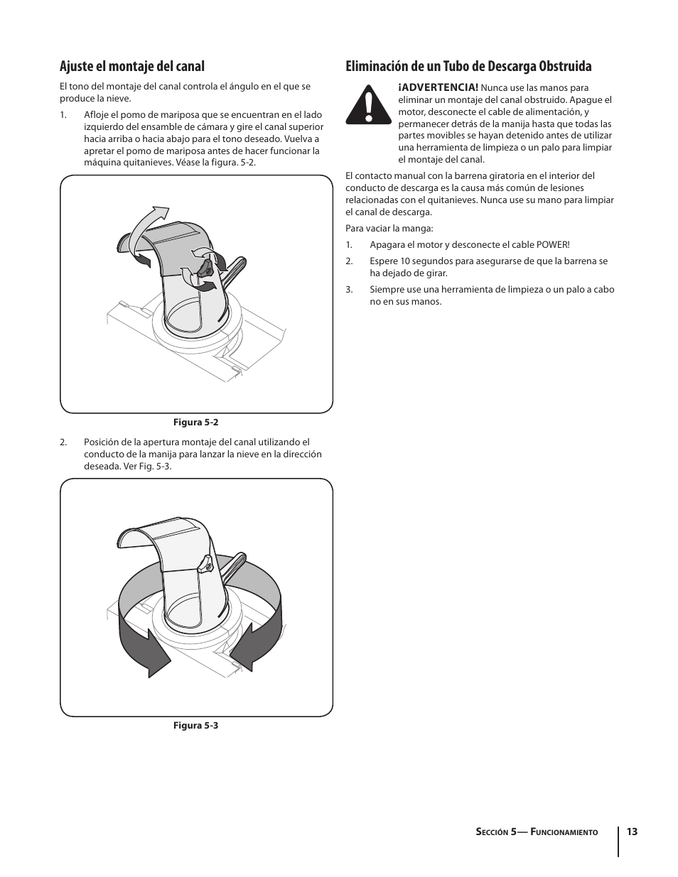 Ajuste el montaje del canal, Eliminación de un tubo de descarga obstruida | Troy-Bilt Electric Snow Thrower Flurry 1400 User Manual | Page 33 / 40