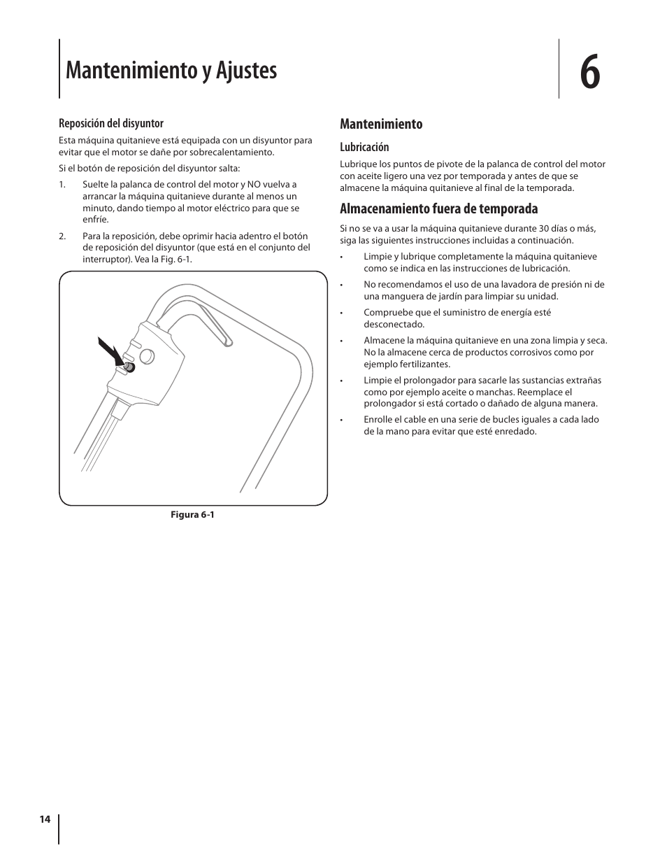 Mantenimiento y ajustes, Mantenimiento, Almacenamiento fuera de temporada | Troy-Bilt Electric Snow Thrower Flurry 1400 User Manual | Page 34 / 40