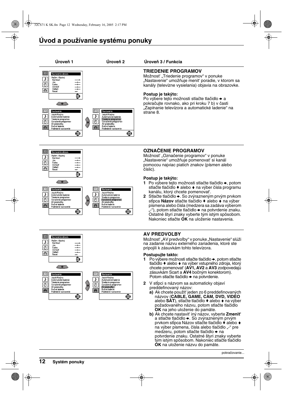 Úvod a používanie systému ponuky | Sony KV-32CS71K User Manual | Page 132 / 144