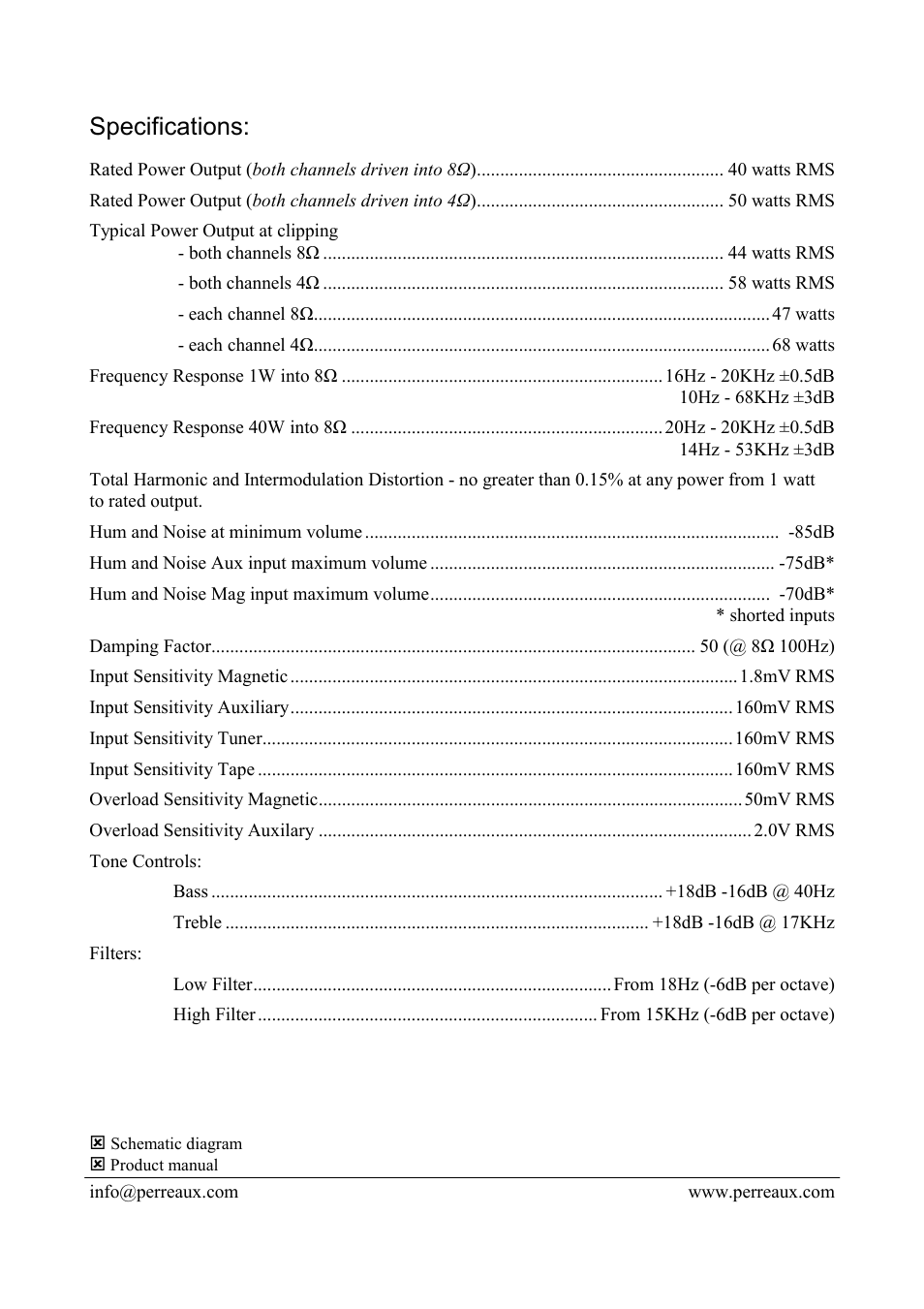 Specifications | Perreaux 4004A User Manual | Page 2 / 2